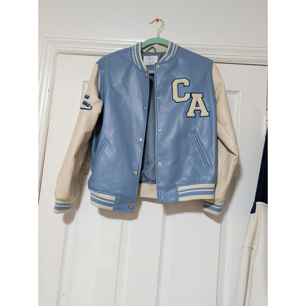 Zara Faux Leather Varsity Bomber Jacket Kids Size 11 - 12 Light Blue and White